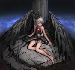 Rule 34 | 1girl, absurdres, arm support, armpits, bare arms, bare legs, bare shoulders, barefoot, black shirt, black skirt, black wings, breasts, brooch, chain, closed mouth, cloud, collarbone, crown, egk513, eyebrows, eyelashes, fantasy, feathered wings, female focus, full body, grey hair, grey ribbon, highres, jewelry, long hair, looking at viewer, miniskirt, neck ribbon, on floor, original, outdoors, plant, plant roots, pleated skirt, ponytail, red eyes, ribbon, shirt, sidelocks, sitting, skirt, sleeveless, sleeveless shirt, small breasts, solo, thighs, tile floor, tiles, tree, wings, yokozuwari