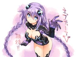 Rule 34 | 10s, 1girl, black thighhighs, blue eyes, blush, bracer, braid, breasts, cleavage, cleavage cutout, clenched hand, clothing cutout, copyright name, covered navel, cowboy shot, female focus, foreshortening, gloves, hair between eyes, hair ornament, hand up, large breasts, leaning forward, leotard, light smile, long hair, long sleeves, looking at viewer, magical girl, neon trim, neptune (neptunia), neptune (series), power symbol, power symbol-shaped pupils, purple background, purple hair, purple heart (neptunia), shinozuka atsuto, sidelocks, smile, solo, symbol-shaped pupils, thighhighs, translation request, turtleneck, twin braids, very long hair