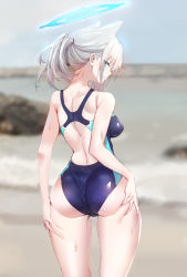 Rule 34 | 1girl, animal ears, ass, ass grab, back cutout, beach, blue archive, blue halo, blurry, blurry background, blush, breasts, clothing cutout, competition swimsuit, earrings, extra ears, from behind, grabbing own ass, grey hair, half-closed eyes, halo, highres, jewelry, looking at viewer, looking back, medium breasts, mongsil, one-piece swimsuit, outdoors, ponytail, shiroko (blue archive), shiroko (swimsuit) (blue archive), skindentation, smile, stud earrings, sweatdrop, swimsuit, wolf ears