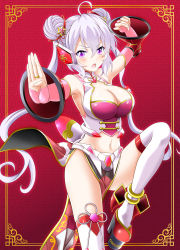 Rule 34 | 1girl, absurdres, ahoge, alternate costume, armpits, blush, breasts, cleavage, eva 16-gouki, eyes visible through hair, groin, hair between eyes, high heels, highres, jewelry, large breasts, looking at viewer, martial arts, midriff, navel, no bra, open mouth, pelvic curtain, purple eyes, red background, ring, senki zesshou symphogear, sideboob, solo, thighhighs, twintails, white hair, white thighhighs, yukine chris