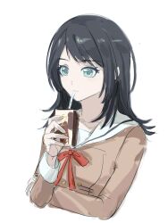 1girl bang_dream! bang_dream!_it&#039;s_mygo!!!!! black_hair blue_eyes brown_dress commentary dress drinking_straw drinking_straw_in_mouth hanasakigawa_school_uniform hashtag-only_commentary highres holding_carton long_sleeves medium_hair neck_ribbon nero_(nerolinsummer) red_ribbon ribbon sailor_collar school_uniform simple_background solo white_background white_sailor_collar yahata_umiri