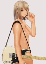 Rule 34 | 1girl, breasts, brown eyes, commentary, electric guitar, fender telecaster, fingernails, grey hair, guitar, highres, instrument, nail polish, nipples, nude, original, red nails, short hair, simple background, small breasts, solo, standing, tonari no kishida, tongue, tongue out, white background
