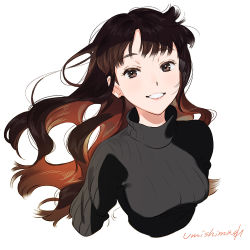 Rule 34 | 1girl, black sweater, breasts, brown eyes, brown hair, cropped arms, cropped torso, floating hair, long hair, long sleeves, looking at viewer, original, ribbed sweater, signature, simple background, smile, solo, sweater, turtleneck, turtleneck sweater, umishima senbon, wavy hair, white background