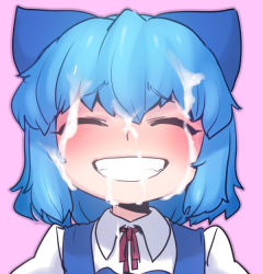 Rule 34 | 1girl, ^ ^, blue hair, blush, bow, cirno, closed eyes, cum, cum on hair, face, facial, full-face blush, hair bow, pink background, short hair, simple background, smile, solo, spacezin, touhou