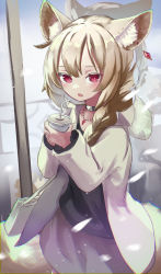 Rule 34 | 1girl, absurdres, animal ear fluff, animal ears, black shirt, blush, braid, choker, chromatic aberration, coat, cold, collarbone, drink, drinking straw, dynamic makky, grey coat, hair between eyes, highres, holding, holding drink, light brown hair, long hair, looking at viewer, open mouth, original, red eyes, shirt, slit pupils, snow, solo