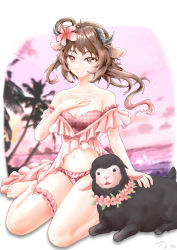 Rule 34 | 1girl, absurdres, animal ears, arknights, bare legs, bare shoulders, barefoot, bikini, breasts, bridal garter, brown hair, cleavage, eyjafjalla (arknights), eyjafjalla (summer flower) (arknights), flower, hair flower, hair ornament, hand on own chest, highres, horns, long hair, looking at viewer, navel, off-shoulder bikini, off shoulder, official alternate costume, palm tree, pink bikini, pink eyes, pink flower, plaid, plaid bikini, sheep, sheep ears, sheep horns, sitting, smile, solo, stomach, swimsuit, thighs, tree, uep, wariza