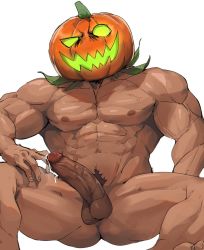Rule 34 | 1boy, abs, bara, completely nude, cum, erection, feet out of frame, gluteal fold, halloween, halloween costume, highres, jack-o&#039;-lantern, large pectorals, male focus, monster boy, muscular, navel, navel hair, nipples, nude, original, pectorals, penis, pumpkin, pumpkin hat, smile, solo, spread legs, tamazukiyama, testicles, thick thighs, thighs, uncensored, veins, veiny penis