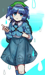 Rule 34 | 1girl, absurdres, backpack, bag, blue eyes, blue footwear, blue hair, blue skirt, blunt bangs, commentary, feet out of frame, flat cap, green hat, hair bobbles, hair ornament, hat, highres, ichirugi, kawashiro nitori, key, long sleeves, looking at viewer, open mouth, pocket, skirt, solo, touhou, two side up