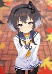 Rule 34 | 1girl, absurdres, black hair, black pantyhose, blue sailor collar, blurry, blurry background, blush, closed mouth, commentary request, cowboy shot, flower, grey hair, hand up, highres, holding, holding flower, kantai collection, leaf, long sleeves, looking at viewer, maple leaf, neckerchief, orange neckerchief, pantyhose, purple eyes, sailor collar, shirt, short hair, short hair with long locks, sidelocks, smile, smokestack hair ornament, solo, standing, tied shirt, toketa-sekai, tokitsukaze (kancolle), white shirt