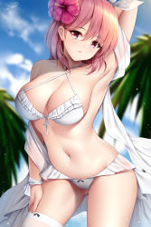 Rule 34 | 1girl, alternate costume, arm behind head, armpits, azur lane, bare shoulders, bikini, black bow, black prince (azur lane), black prince (white princess) (azur lane), blue sky, blurry, blurry background, bow, bow bikini, bow hairband, bow legwear, breasts, cowboy shot, criss-cross halter, day, flower, frilled bikini, frills, front-tie bikini top, front-tie top, gluteal fold, grey bow, grey hairband, hair between eyes, hair bow, hair flower, hair ornament, hairband, halterneck, hand on own thigh, hibiscus, highres, large breasts, leaning forward, looking at viewer, navel, outdoors, palm tree, parted lips, pink eyes, pink flower, pink hair, polka dot, polka dot bow, short hair, signature, single thighhigh, sky, smile, standing, swimsuit, thighhighs, thighs, tree, white bikini, white thighhighs, wsman