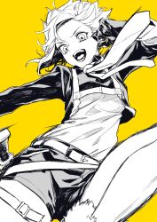 Rule 34 | 1girl, :d, absurdres, belt, highres, jacket, leo (reiga), long sleeves, looking at viewer, open mouth, original, reiga (act000), shirt, shorts, simple background, smile, solo, thigh belt, thigh strap, yellow background