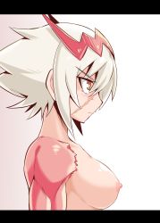 Rule 34 | 1girl, breasts, cougar (cougar1404), dragon: marked for death, empress (dmfd), hair ornament, letterboxed, nipples, nude, profile, scar, scar on face, short hair, solo, topless frame, upper body, white background, white hair