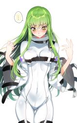 Rule 34 | ..., 1girl, belt, blush, bodysuit, breasts, c.c., code geass, covered erect nipples, covered navel, creayus, green hair, groin, long hair, looking at viewer, medium breasts, simple background, skin tight, skindentation, solo, spoken ellipsis, straitjacket, sweatdrop, white background, yellow eyes