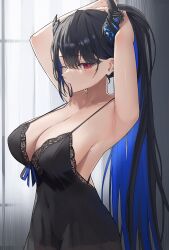 Rule 34 | 1girl, adjusting hair, archinoer, armpits, arms behind head, arms up, asymmetrical horns, black hair, black nightgown, blue hair, breasts, chemise, cleavage, closed mouth, colored inner hair, covered navel, cowboy shot, curtains, demon horns, dress, groin outline, hair tie in mouth, highres, hololive, hololive english, horn flower, horns, lace-trimmed chemise, large breasts, long hair, mole, mole on body, mole under eye, mouth hold, multicolored hair, multiple moles, nerissa ravencroft, nightgown, one eye closed, red eyes, slit pupils, solo, spaghetti strap, strap gap, two-tone hair, tying hair, uneven horns, very long hair, virtual youtuber, wavy mouth