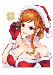 Rule 34 | 1girl, bare shoulders, breasts, brown eyes, cleavage, earrings, gift, gloves, hat, jewelry, large breasts, long hair, nami (one piece), one piece, orange hair, santa hat, sherumaru (korcht06), smile, solo, upper body