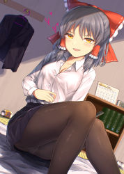 Rule 34 | 1girl, beer can, black hair, black jacket, black pantyhose, black skirt, blush, book, bookshelf, bow, breasts, calendar (object), can, cleavage, clock, clothes hanger, collared shirt, commentary request, cookie (touhou), drink can, dutch angle, feet out of frame, frilled bow, frills, hair between eyes, hair bow, hakurei reimu, heart, highres, indoors, jacket, konfu nodashino bubun, looking at viewer, medium breasts, medium hair, office lady, open mouth, panties, panties under pantyhose, pantyhose, red bow, sananana (cookie), shirt, skirt, solo, touhou, underwear, unworn jacket, white shirt, yellow eyes
