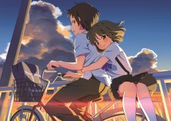 Rule 34 | 1boy, 1girl, aged down, arms around waist, bag, bicycle, bicycle basket, black pants, black skirt, blush, bow, brown eyes, brown hair, closed mouth, cloud, cloudy sky, commentary request, day, from side, highres, hotaru iori, kyon, looking back, multiple riders, open mouth, outdoors, pants, pleated skirt, purple bow, riding, riding bicycle, sasaki (suzumiya haruhi), school bag, school uniform, second-party source, shirt, short hair, short sleeves, skirt, sky, smile, sunlight, suspenders, suzumiya haruhi no yuuutsu, thighhighs, twilight, white shirt, white thighhighs