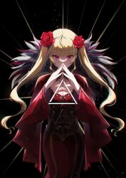 Rule 34 | 1girl, absurdres, black background, blonde hair, breasts, cleavage, covered mouth, dress, flower, hair flower, hair ornament, highres, jewelry, large breasts, long hair, looking at viewer, necklace, nijisanji, red dress, red eyes, red flower, red rose, rose, solo, steepled fingers, takamiya rion, twintails, underbust, very long hair, virtual youtuber, wide sleeves, yukai nao