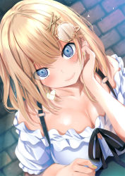Rule 34 | 1girl, bad id, bad twitter id, black ribbon, blonde hair, blue eyes, blush, breasts, brick wall, cleavage, closed mouth, commentary, dutch angle, earrings, english commentary, frilled shirt, frills, fumihiko (fu mihi ko), gear hair ornament, hair ornament, hairclip, hand on own cheek, hand on own face, head rest, heart, heart earrings, highres, hololive, hololive english, jewelry, large breasts, looking at viewer, magnifying glass, mixed-language commentary, neck ribbon, off-shoulder shirt, off shoulder, official alternate costume, ribbon, shirt, short hair, smile, solo, strap, suspenders, upper body, virtual youtuber, watson amelia, watson amelia (street casual), white shirt