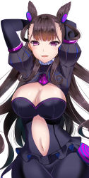 Rule 34 | 1girl, :d, arms behind head, arms up, black dress, black gloves, black hair, blush, breasts, cleavage, cleavage cutout, clothing cutout, commentary request, cone hair bun, cowboy shot, double bun, dress, elbow gloves, fate/grand order, fate (series), frilled dress, frills, gem, gloves, hair bun, highres, ishigami kazui, large breasts, long hair, looking at viewer, murasaki shikibu (fate), navel, navel cutout, open mouth, puffy short sleeves, puffy sleeves, purple eyes, purple gemstone, short sleeves, simple background, smile, solo, very long hair, white background