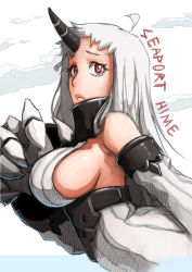Rule 34 | 10s, 1girl, abyssal ship, alternate skin color, bad deviantart id, bad id, bankage, breasts, claws, detached sleeves, dress, horns, kantai collection, large breasts, long hair, red eyes, ribbed dress, seaport princess, single horn, solo, very long hair, white dress, white hair