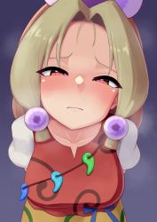 Rule 34 | 1girl, arms behind back, blonde hair, blush, breasts, closed mouth, collarbone, dress, face, from above, full-face blush, furrowed brow, half-closed eyes, highres, large breasts, long hair, looking at viewer, magatama, pink eyes, puffy short sleeves, puffy sleeves, purple background, red dress, short sleeves, simple background, solo, tamatsukuri misumaru, touhou, zakku (kya--193)