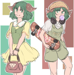 Rule 34 | 1girl, animal ears, bag, beret, blowing bubbles, casual, chewing gum, contemporary, dog ears, dress, dual persona, earphones, english text, green eyes, green hair, handbag, hat, kasodani kyouko, looking at another, mefomefo, overalls, shirt, shorts, simple background, skateboard, smile, t-shirt, touhou, v arms, wristband, yellow dress