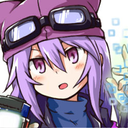 Rule 34 | 1girl, blush, digimon, goggles, goggles on head, hat, lowres, sayo (digimon), simple background, solo, white background