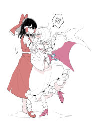 Rule 34 | !?, !?, 2girls, ascot, bare shoulders, bat wings, blush, bow, brooch, closed mouth, detached sleeves, dress, expressionless, fang, female focus, frilled ribbon, frills, hair bow, hair tubes, hakurei reimu, hat, high heels, hug, jewelry, mob cap, multiple girls, open mouth, partially colored, puffy short sleeves, puffy sleeves, remilia scarlet, ribbon, short hair, short sleeves, surprised, touhou, white background, wide sleeves, wings, wristband, yuki (popopo), yuri