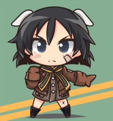 Rule 34 | 10s, 1girl, animal ears, bandaid, bandaid on face, black hair, blue eyes, blush stickers, brave witches, chibi, kanno naoe, lowres, mojin chin (namagoto), mojinchin, scarf, simple background, solo, strike witches, world witches series