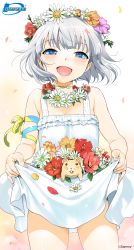 Rule 34 | 1girl, blue eyes, cowboy shot, dress, flower, flower necklace, hamster, head wreath, highres, himawari (myslot), inoue sora, jewelry, looking at viewer, myslot, necklace, open mouth, short hair, silver hair, smile, solo, standing, sundress, white dress