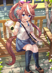 Rule 34 | 1girl, :d, absurdres, animal ears, bare shoulders, bench, blue eyes, blue skirt, blue socks, blush, brown footwear, brown hair, commentary request, cup, disposable cup, hair between eyes, hair ribbon, hand up, highres, holding, holding cup, horse ears, horse tail, kneehighs, long hair, looking at viewer, miniskirt, multicolored hair, off-shoulder shirt, off shoulder, open mouth, outdoors, pleated skirt, ponytail, purple ribbon, ribbon, shadow, shirt, shoes, short sleeves, sitting, skirt, smile, socks, solo, streaked hair, tail, tokai teio (umamusume), torottye, tree, umamusume, very long hair, white hair, white shirt