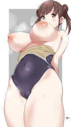 Rule 34 | 1girl, arms behind back, blue one-piece swimsuit, blush, breasts, breasts out, brown eyes, brown hair, c@rbon, clothes pull, double bun, from below, hair bun, highres, idolmaster, idolmaster shiny colors, large breasts, nipples, one-piece swimsuit, one-piece swimsuit pull, puffy nipples, school swimsuit, signature, simple background, solo, sonoda chiyoko, steam, sweat, swimsuit, thighs, two-tone background