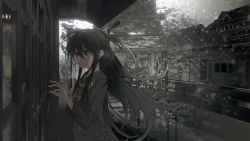 Rule 34 | 1girl, absurdres, architecture, black hair, black skirt, bridge, building, commentary, cowboy shot, east asian architecture, from side, grey eyes, grey jacket, hand up, highres, jacket, long hair, long sleeves, neckerchief, outdoors, parted lips, reaching, reflection, shakugan no shana, shana, skirt, snowing, solo, standing, water, yellow neckerchief, zadun