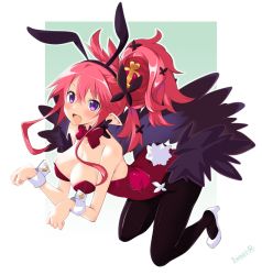 Rule 34 | 1girl, artist name, breasts, cleavage, crown, disgaea, fang, highres, iwashi dorobou -r-, jewelry, large breasts, leotard, looking at viewer, makai senki disgaea 5, open mouth, pantyhose, pink hair, playboy bunny, pointy ears, ponytail, red leotard, seraphina (disgaea), smile, solo, wrist cuffs