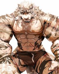 Rule 34 | 1boy, abs, absurdres, animal ears, arknights, bara, black male underwear, briefs, bulge, cowboy shot, cum, cum in clothes, cum through clothes, erection, erection under clothes, furry, furry male, highres, large pectorals, looking at viewer, maiyabuhantang, male focus, male underwear, mountain (arknights), muscular, muscular male, navel, nipples, pectorals, precum, precum through clothes, scar, scar across eye, scar on arm, scar on chest, scar on face, scar on leg, scar on stomach, short hair, solo, stomach, tail, thick thighs, thighs, tiger boy, tiger ears, tiger tail, underwear, underwear only, white fur, white hair