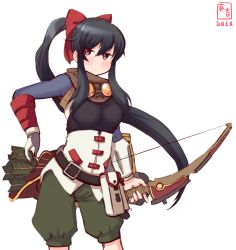 Rule 34 | 1girl, arrow (projectile), artist logo, belt, black hair, bow, capri pants, commentary request, cosplay, cowboy shot, dated, gloves, hair bow, highres, kanon (kurogane knights), kantai collection, leaning forward, long hair, pants, ponytail, quiver, red bow, red eyes, etrian odyssey, sekaiju no meikyuu 4, sidelocks, simple background, single glove, sniper (sekaiju), solo, standing, white background, white gloves, yahagi (kancolle)