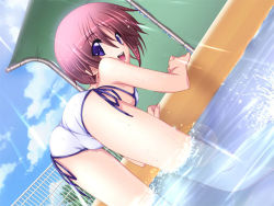 Rule 34 | 1girl, against wall, all fours, ass, bent over, bikini, blue eyes, blush, cloud, day, dutch angle, eyes visible through hair, fence, flat chest, from behind, game cg, hobo-san to issho!, iizuki tasuku, kneeling, lens flare, light rays, looking back, open mouth, outdoors, pink hair, pool, purple eyes, red hair, short hair, side-tie bikini bottom, sky, smile, solo, sunbeam, sunlight, swimsuit, wading, water, wet, yuuki maya (hobo-san to issho!)