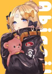 Rule 34 | 1girl, abigail williams (fate), abigail williams (traveling outfit) (fate), bad id, bad pixiv id, black bow, black jacket, blonde hair, blue eyes, bow, character name, commentary request, crossed bandaids, fate/grand order, fate (series), hair bow, hair bun, hand up, holding, holding stuffed toy, jacket, long hair, long sleeves, looking at viewer, nekomiya noru (yuduki710), official alternate costume, orange background, orange bow, parted bangs, parted lips, polka dot, polka dot bow, single hair bun, sleeves past fingers, sleeves past wrists, solo, stuffed animal, stuffed toy, teddy bear