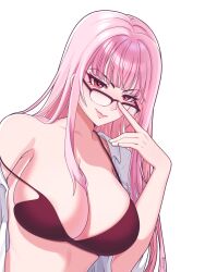 Rule 34 | 1girl, absurdres, adjusting eyewear, bespectacled, bra, breasts, closed mouth, collared shirt, commentary, dress shirt, english commentary, fingernails, glasses, heart, heart-shaped pupils, highres, hololive, hololive english, large breasts, lipstick, long hair, looking at viewer, makeup, mori calliope, nail polish, off shoulder, open clothes, open shirt, pink eyes, pink hair, pink lips, red-framed eyewear, red bra, remiko yuuna29, semi-rimless eyewear, shirt, simple background, smile, solo, strap slip, symbol-shaped pupils, twitter username, under-rim eyewear, underwear, upper body, v-shaped eyebrows, virtual youtuber, white background, white nails, white shirt
