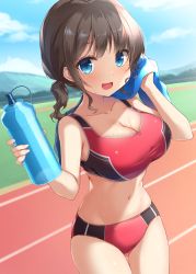 Rule 34 | 1girl, amakarashi, bare shoulders, blue eyes, blue sky, bottle, breasts, brown hair, buruma, cameltoe, collarbone, commission, cowboy shot, day, gluteal fold, highres, holding, holding bottle, holding towel, large breasts, looking at viewer, navel, open mouth, original, outdoors, pixiv commission, running track, short twintails, sky, smile, solo, sports bikini, standing, sweat, thigh gap, towel, track and field, twintails, water bottle