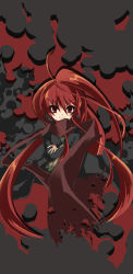 Rule 34 | &gt;:(, 00s, 1girl, ahoge, black jacket, brown scarf, closed mouth, crossed arms, eyelashes, frown, hair between eyes, jacket, long hair, long sleeves, looking at viewer, noi (noi 2y), red background, red eyes, red hair, scarf, serious, shakugan no shana, shana, simple background, smoke, solo, torn clothes, torn scarf, upper body, v-shaped eyebrows, very long hair