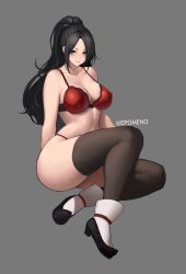 Rule 34 | ankle boots, arm behind back, arm support, bad id, bad pixiv id, black hair, black thighhighs, blue eyes, boots, bra, breasts, character request, cleavage, commentary request, dungeon and fighter, epomeno, grey background, highleg, highleg panties, invisible chair, korean commentary, lace, lace-trimmed bra, lace trim, large breasts, legs, light smile, lips, long hair, looking at viewer, panties, parted bangs, parted lips, ponytail, red bra, red panties, simple background, sitting, solo, string panties, thighhighs, twitter username, underwear, underwear only, white footwear