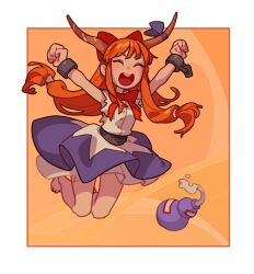 Rule 34 | 1girl, :d, \o/, arms up, barefoot, belt, blue skirt, brown horns, closed eyes, cuffs, gourd, horns, ibuki suika, long hair, low-tied long hair, open mouth, orange hair, outstretched arms, petticoat, shirt, sidelocks, skirt, sleeveless, sleeveless shirt, smile, soemy, touhou, two-tone skirt, white shirt, white skirt