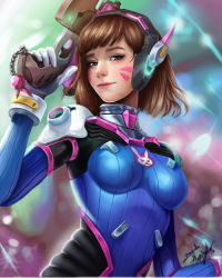 Rule 34 | 1girl, alternate hair length, alternate hairstyle, animal print, artist name, blue bodysuit, blurry, blurry background, bodysuit, breasts, brown hair, charm (object), commentary, d.va (overwatch), eyelashes, facepaint, facial mark, gloves, gozde hepiyiler, gun, headphones, high collar, holding, holding gun, holding weapon, light smile, long hair, looking at viewer, making-of available, medium breasts, nose, overwatch, overwatch 1, pilot suit, pink lips, rabbit print, ribbed bodysuit, shoulder pads, signature, skin tight, solo, swept bangs, trigger discipline, upper body, weapon, whisker markings, white gloves