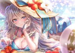Rule 34 | 1girl, absurdres, bare shoulders, bikini, blue bikini, blue eyes, blush, breasts, cleavage, collarbone, fate/grand order, fate (series), hat, highres, jewelry, large breasts, long hair, looking at viewer, lying, marie antoinette (fate), marie antoinette (fate/grand order), marie antoinette (swimsuit caster) (fate), marie antoinette (swimsuit caster) (third ascension) (fate), necklace, on stomach, sarong, sidelocks, smile, solo, sun hat, swimsuit, totomiya, twintails, very long hair, white hair