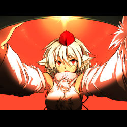 Rule 34 | 1girl, animal ears, armpits, bare shoulders, detached sleeves, foreshortening, hat, inubashiri momiji, letterboxed, long sleeves, looking at viewer, onimaru gonpei, open mouth, pom pom (clothes), red eyes, short hair, solo, tail, tokin hat, touhou, upper body, white hair, wolf ears, wolf tail