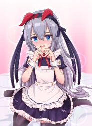 Rule 34 | 1girl, alternate costume, animal ears, apron, black dress, black pantyhose, blue eyes, blush, bow, bowtie, dress, ear covers, ears down, enmaided, flat chest, grey hair, hairband, hands up, heart, heart hands, highres, horse ears, horse girl, horse tail, long hair, maid, maid apron, monmonmur, name tag, no shoes, open mouth, pantyhose, smile, solo, sparkle, tail, tamamo cross (umamusume), umamusume, wrist cuffs