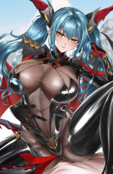 Rule 34 | 1girl, absurdres, anchor symbol, azur lane, black footwear, black gloves, black leotard, blue hair, bodystocking, boots, breasts, cleavage, commentary, covered navel, cross, dragon girl, dragon horns, dragon tail, dragon wings, gloves, hair between eyes, hair intakes, halter leotard, halterneck, hand in own hair, hand on own stomach, head tilt, highres, horns, iron cross, large breasts, leotard, long hair, looking at viewer, mechanical horns, mechanical tail, parted lips, pointy ears, regensburg (azur lane), see-through, see-through cleavage, shoulder spikes, shrug (clothing), sidelocks, sitting, smile, solo, spikes, spread legs, tail, taut clothes, thigh boots, twintails, wings, yellow eyes, ytoy