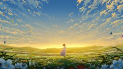 1other backlighting cloud dress falling_leaves fapka flower gradient_sky grass highres leaf mountainous_horizon original plain scenery sky white_dress wide_shot wind wind_lift